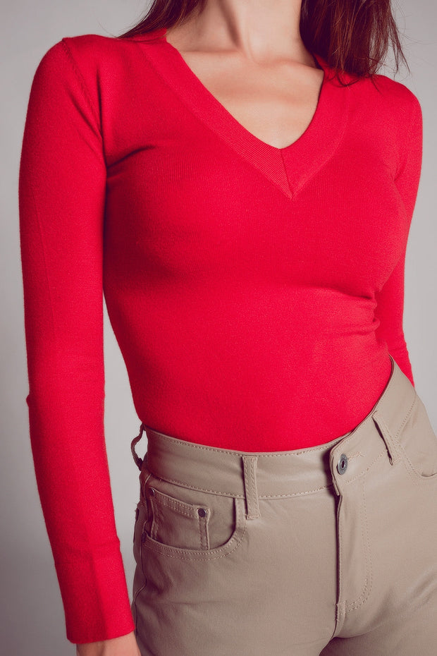 V Neck Fine Knit Jumper in Red