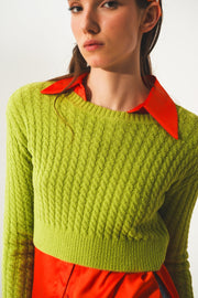 Round Neck Cable Knit Crop Jumper in Lime Green