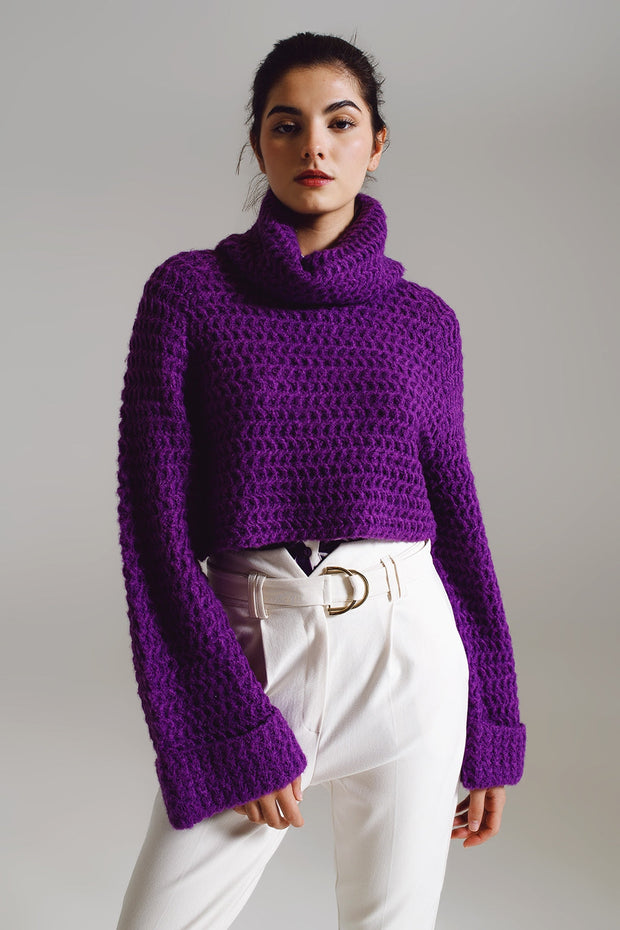 Waffle Knit Jumper With Turtle Neck and Rolled Cuffs in Purple