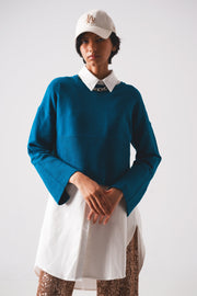 Ribbed Boat Neck Jumper in Blue