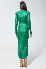 Wrapped Party Dress With Plunge Neckline in Metallic Green