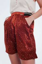 Orange Mini Skirt With Pleats in Gold Polka Dot