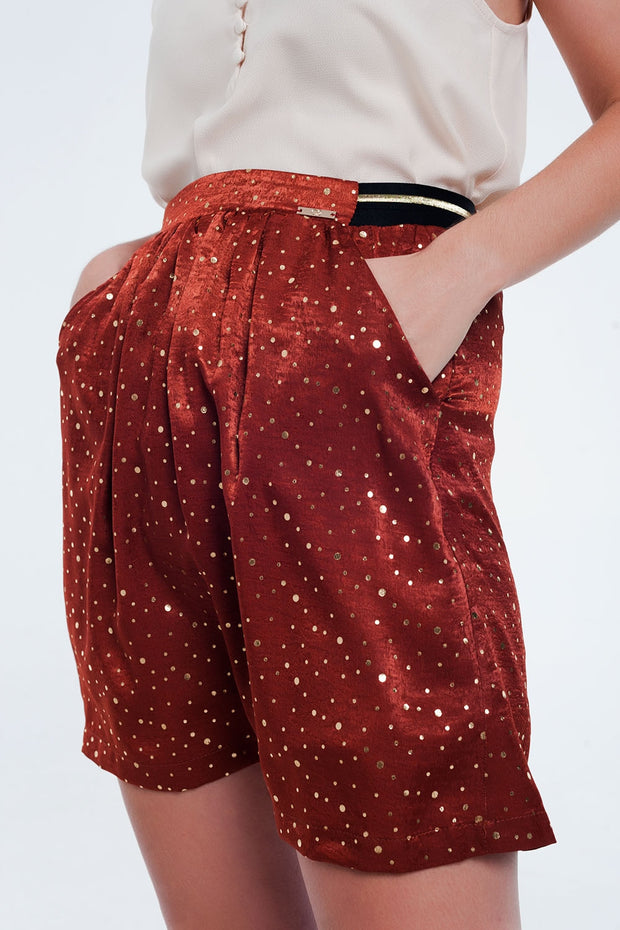 Orange Mini Skirt With Pleats in Gold Polka Dot