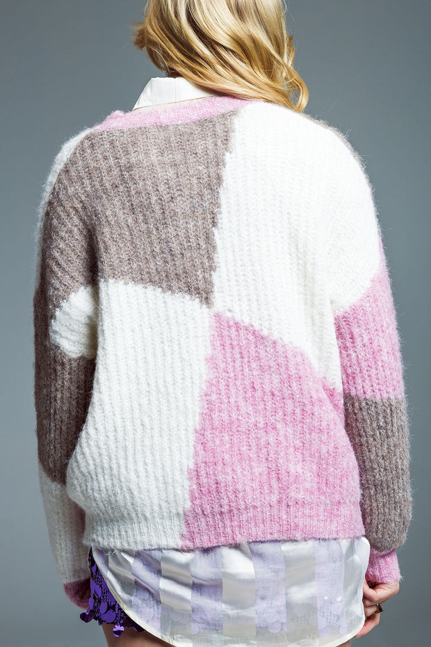 Oversized Color Block Sweater in  Pink and Brown Chunky Rib