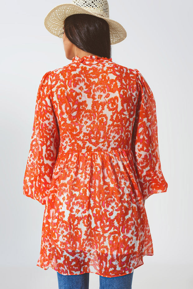 Floral Mini Dress With v Neck in Orange