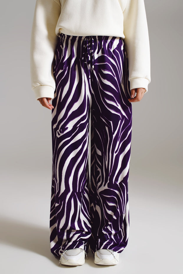 Straight Pants With Zebra Print in Purple and White