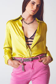 Satin Shirt With Split Cuff in Lime Green