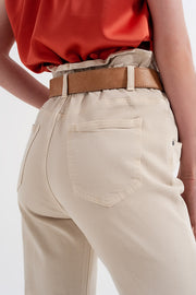 Elasticated Paper Bag Waist Mom Jean in Beige