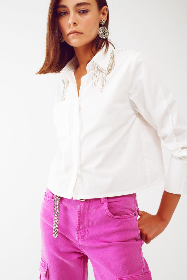 Shirt With Fringe Strass Collar in White