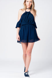 Navy Plumeti Cold-Shoulder Lightweight Romper