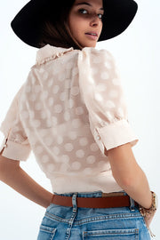 Beige Polka Dot Blouse With Bib Collar and Embellished Buttons