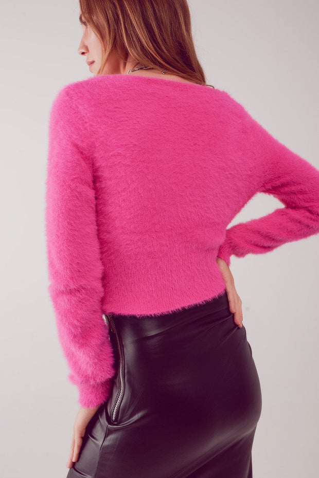 Fluffy v Neck Knit Jumper in Fuchsia