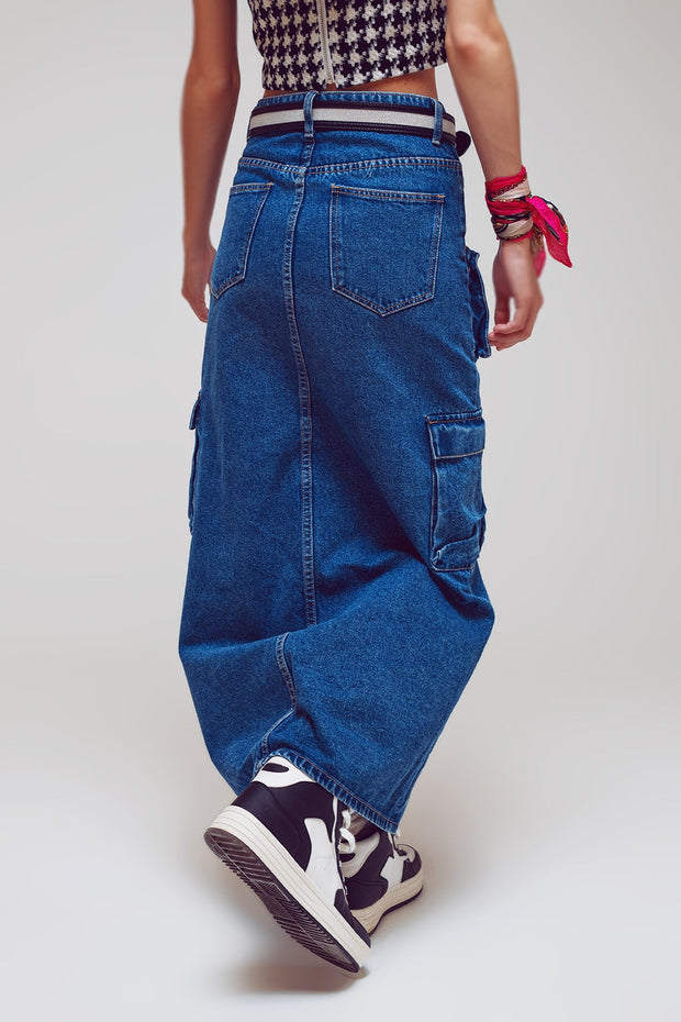 Button Down Cargo Denim Maxi Skirt in Mid Wash