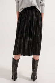 Shiny Black Pleated Midi Skirt