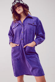 Cord Mini Shirt Dress in Purple