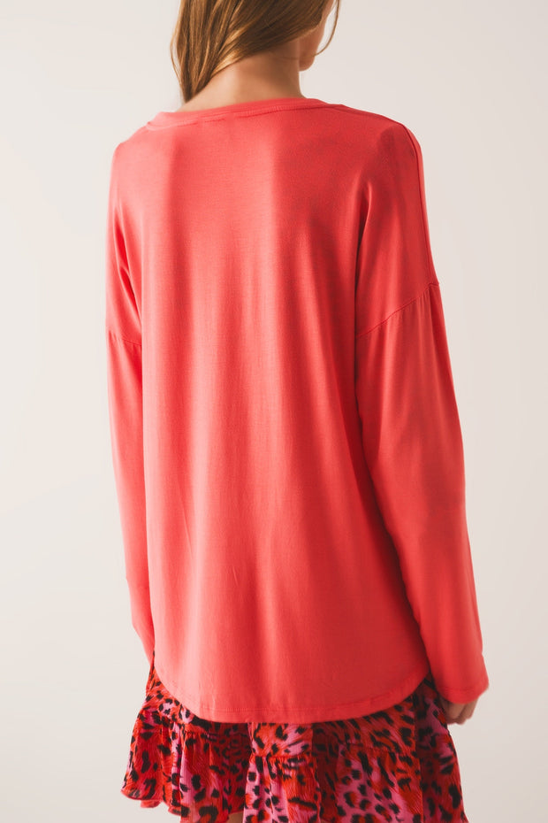 Orange Long Sleeve v Neck Top in Modal