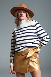 Marine Style Sweater With Turtle Neck and Button Detail at Neck in White and Navy