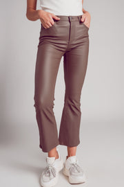 Stretch Faux Leather Flare Pants in Beige