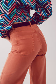 Cotton Blend Wide Leg Jeans in Orange