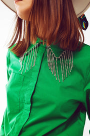 Shirt With Fringe Strass Collar in Green