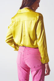 Satin Shirt With Split Cuff in Lime Green