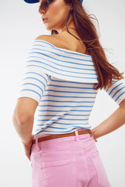 Boatneck Striped 3/4 Sleeve Shirt in Blue