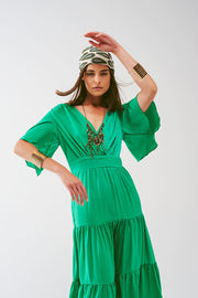 V Neck Maxi Smock Dress in Green