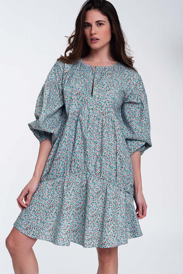 Mini Smock Dress With Puff Sleeves in Floral