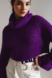 Waffle Knit Jumper With Turtle Neck and Rolled Cuffs in Purple